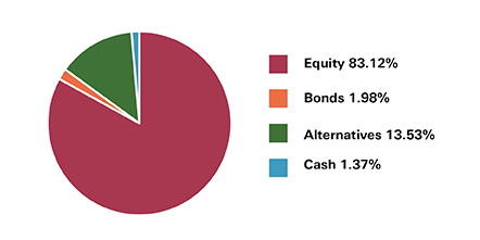 World selection portfolio option 5 -  high risk pie chart, showing Equities at 83.12%, Bonds 1.98%, Alternative 13.53% and Cash 1.37%. 